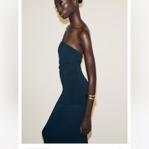 Zara NWT tiered Strapless Navy Blue Body con midi Dress size M